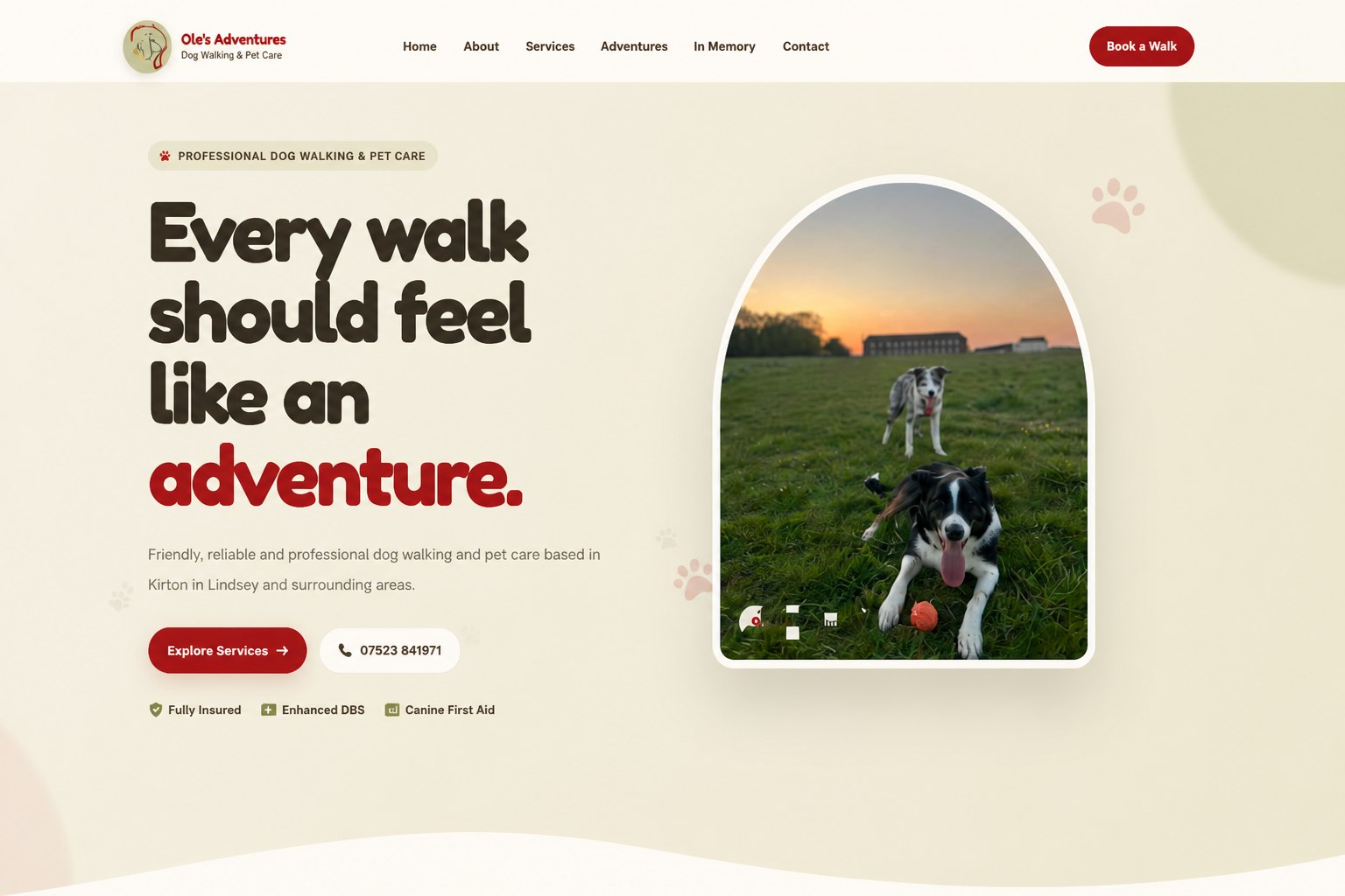 Ole’s Adventures homepage: warm cream and red typography alongside a photograph of dogs outdoors