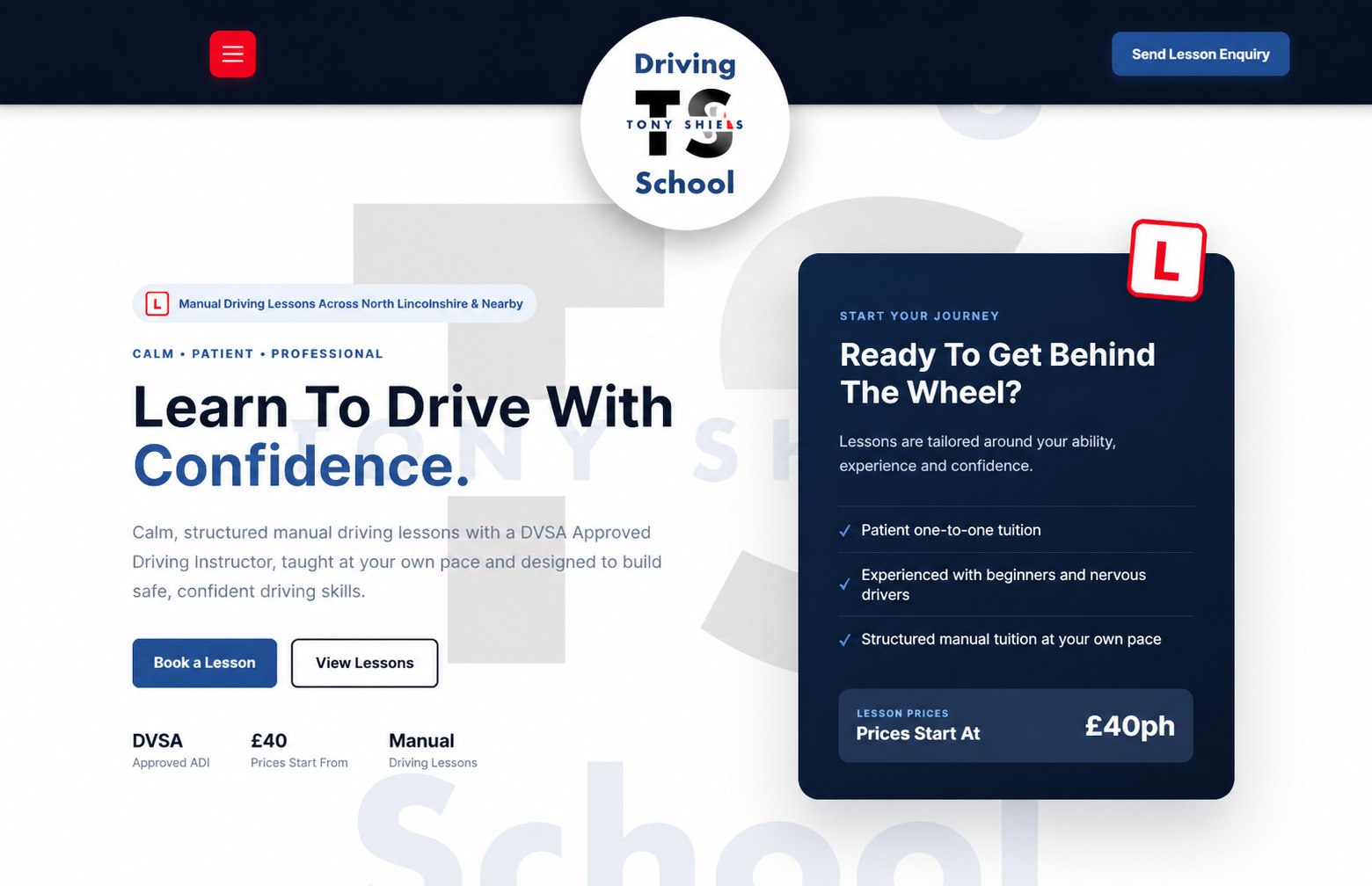 Tony Shiels’ Driving School homepage: navy and blue design with clear lesson information and enquiry links
